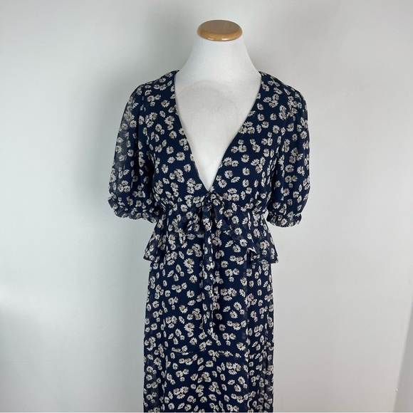 Lulus Anything Lovelier Navy Blue Floral Print Tiered Midi Dress Size S - Picture 6 of 10